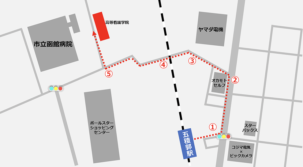 JR五稜郭駅から市立函館病院までの徒歩移動のマップ